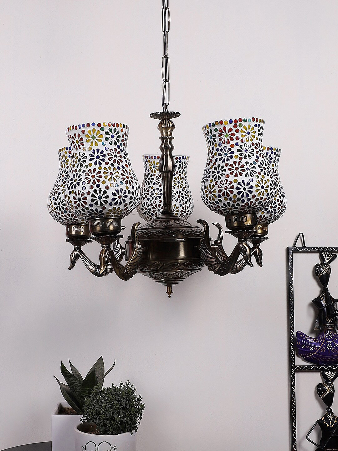Devansh White & Red Mosaic Design Glass Shade Ceiling Lamp