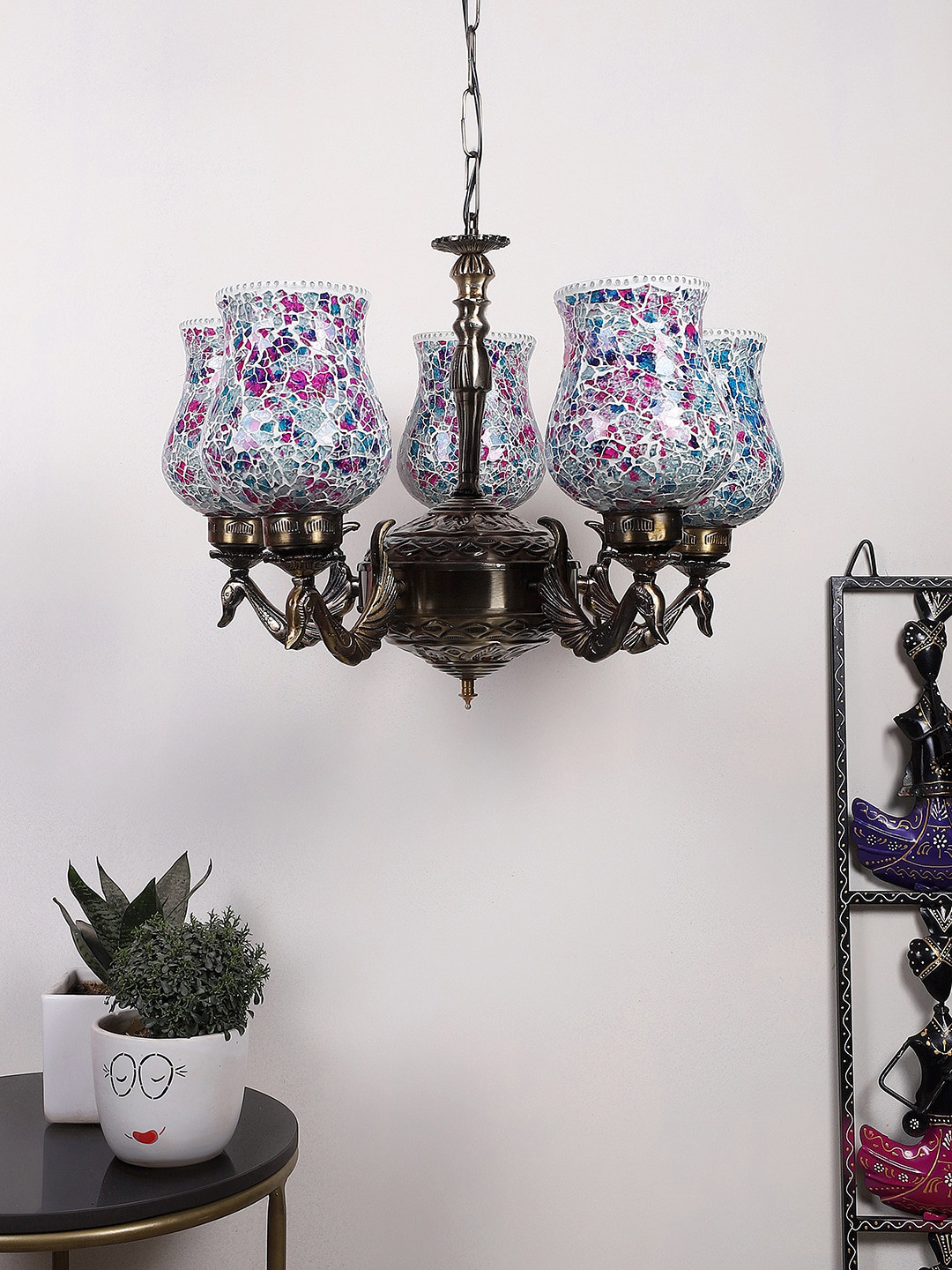 Devansh White & Blue New Era 05 Light Chandelier With Mosaic Glass Shade Ceiling Lamp