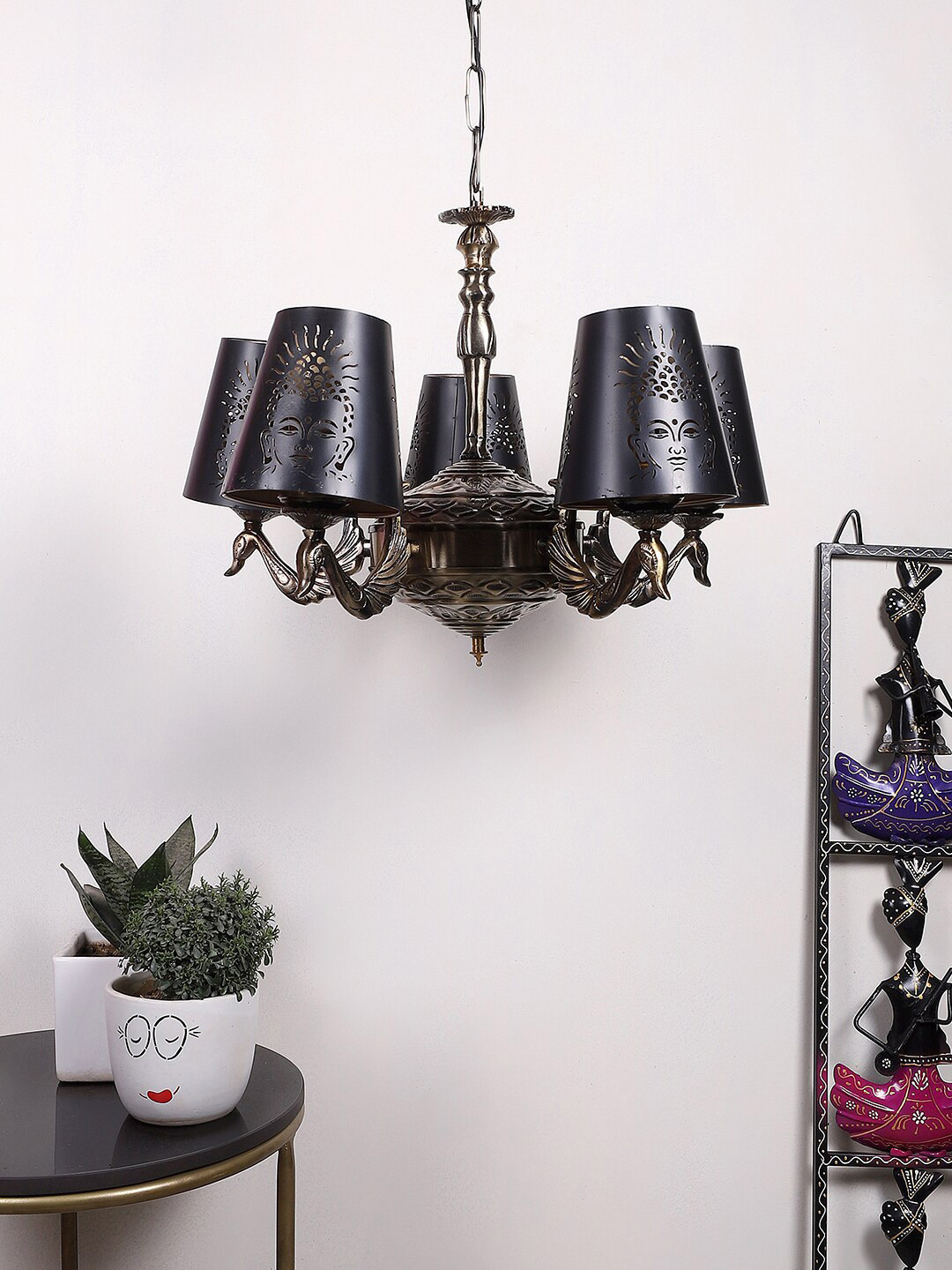 Devansh Black New Era 05 Light Chandelier With Etching Shades