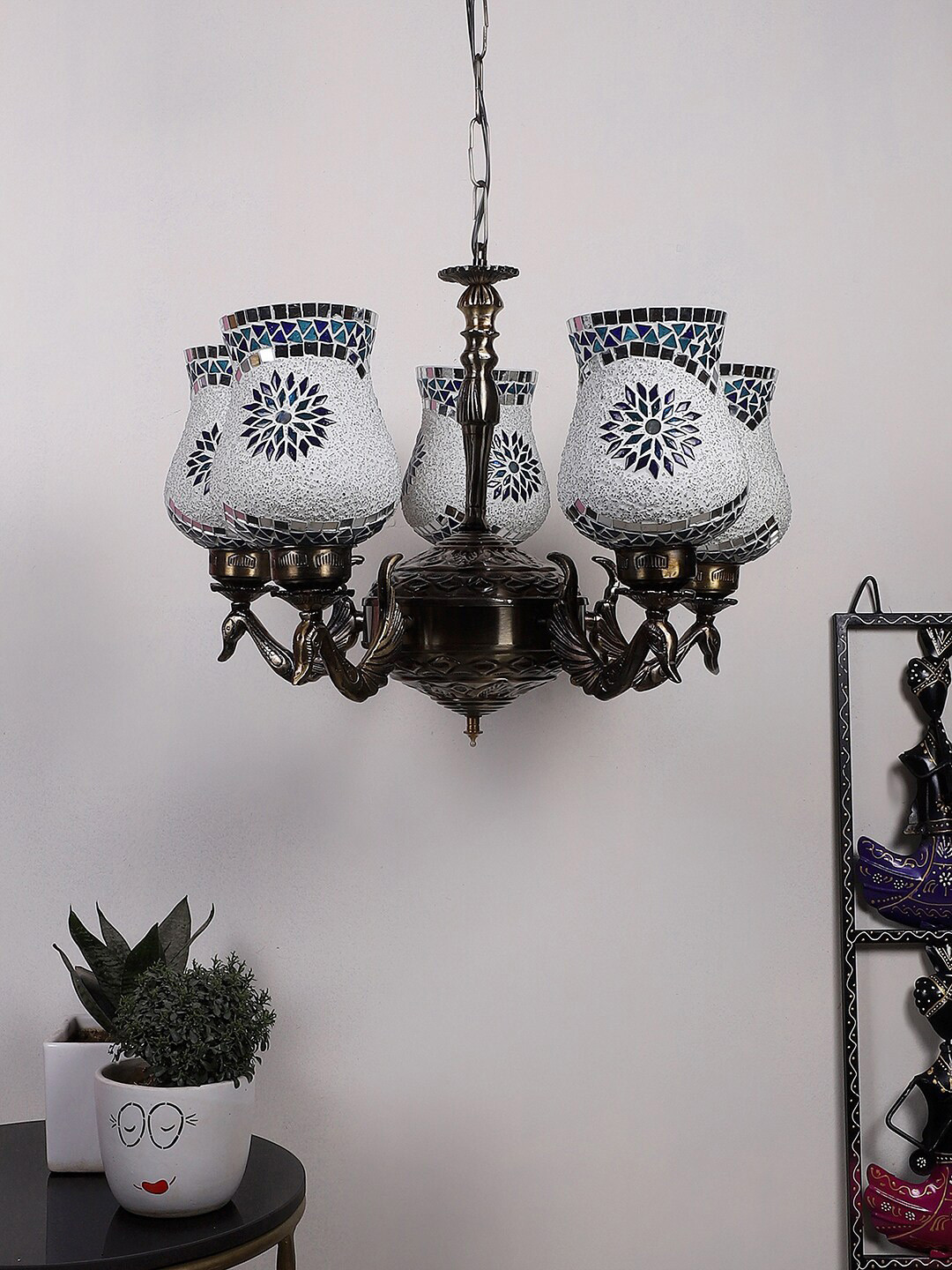 Devansh White & Blue New Era 05 Light Chandelier With  Mosaic Glass Shade Ceiling Lamp