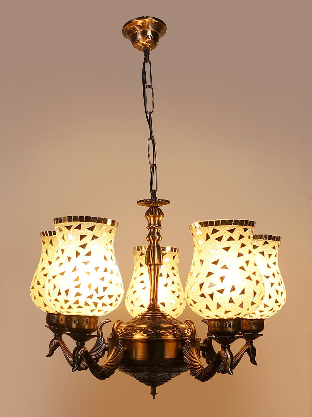 Devansh White & Silver Toned Light Chandelier With Mosaic Design Glass Ceiling Lamp
