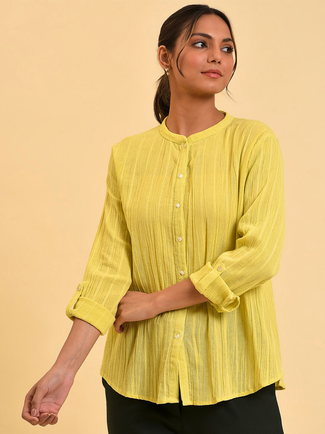 W Green Cotton Shirt Style Top