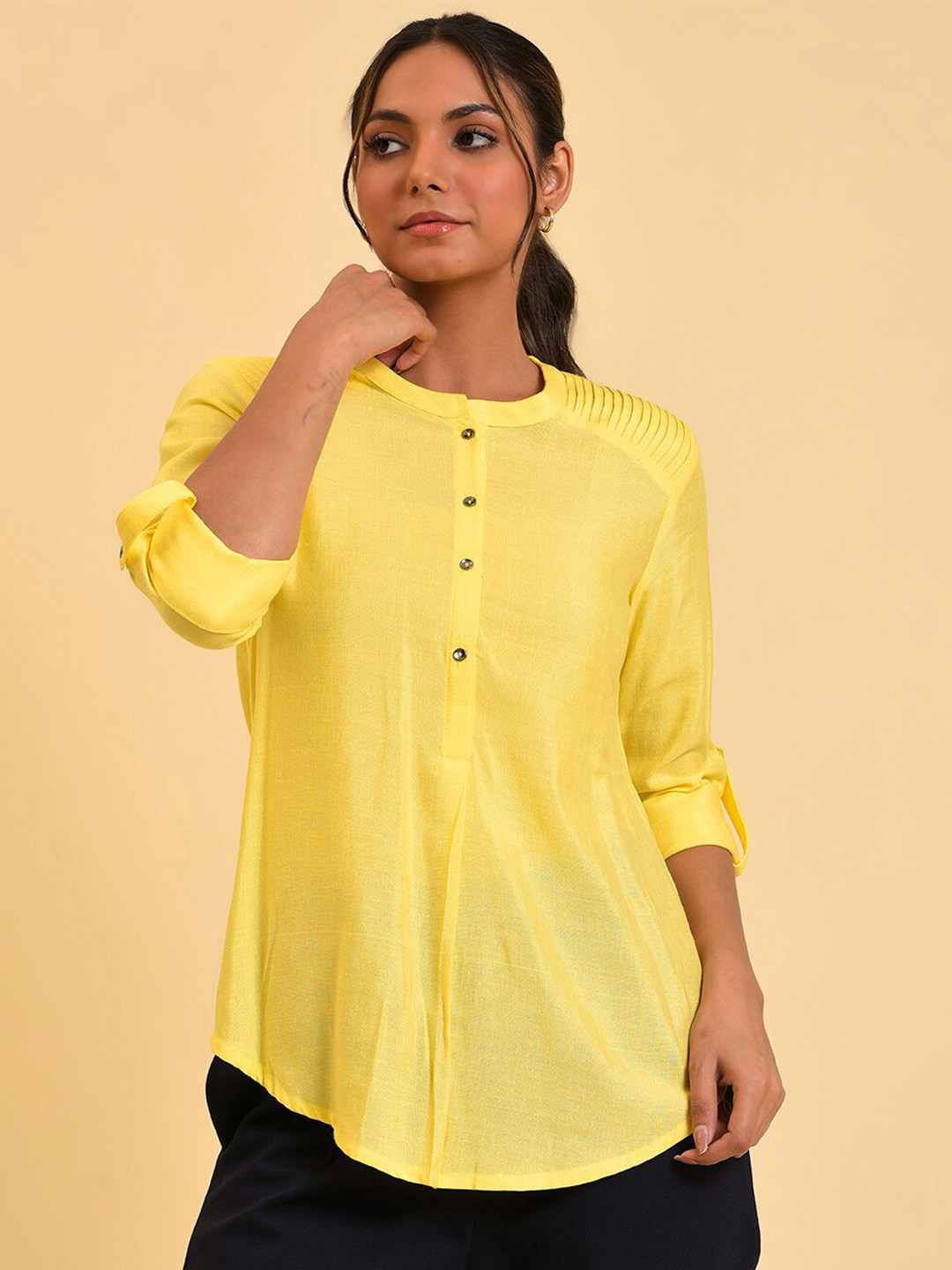 W Yellow Roll-Up Sleeves Shirt Style Top
