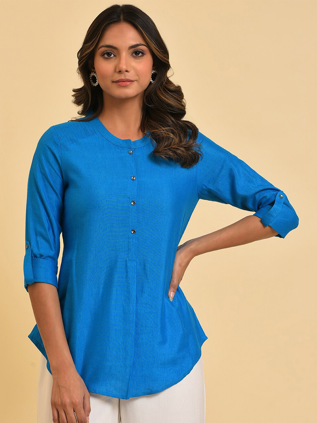 W Blue Roll-Up Sleeves Cotton Shirt Style Top