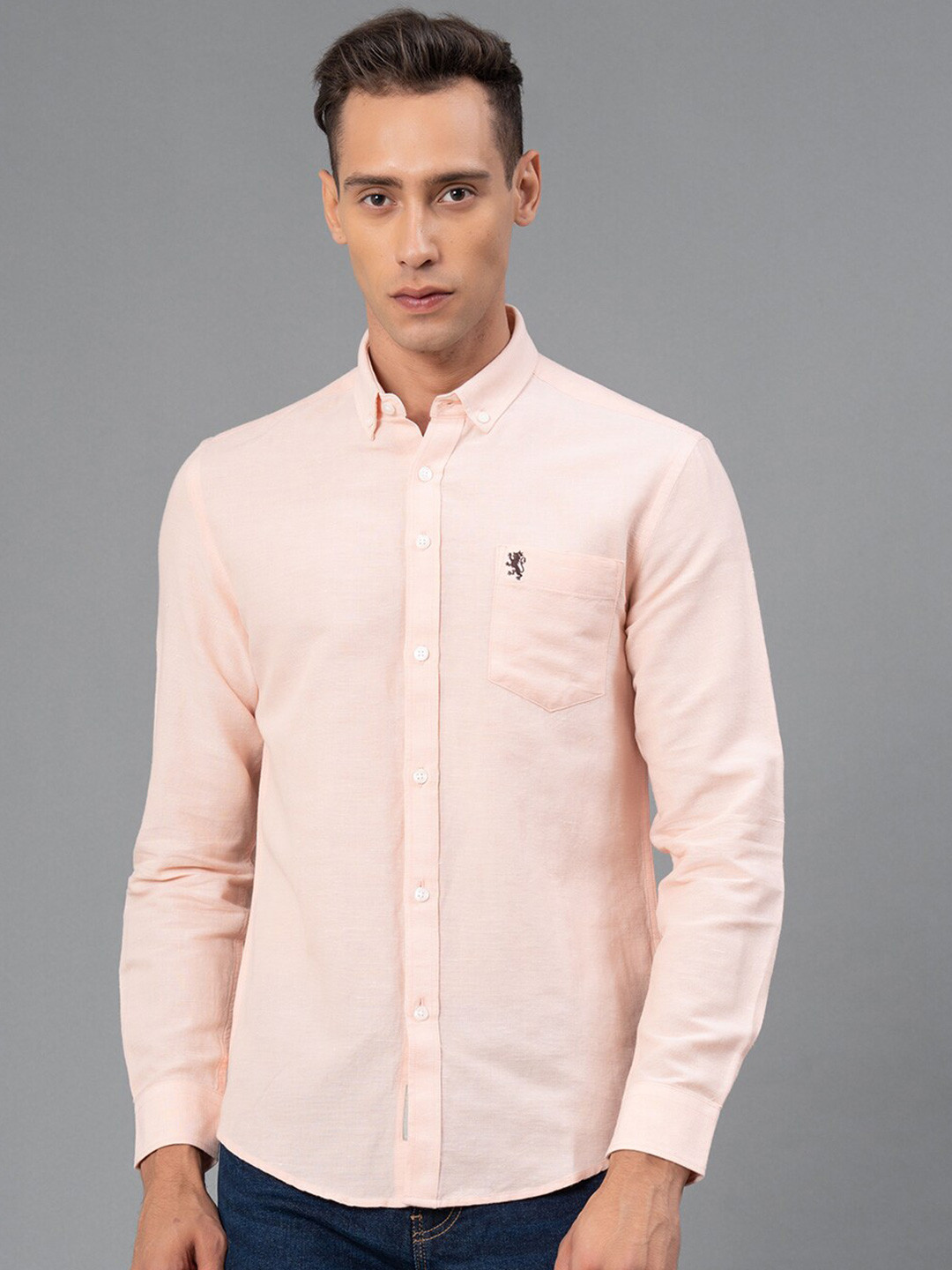 Red Tape Men Pink Solid Cotton Linen Shirt