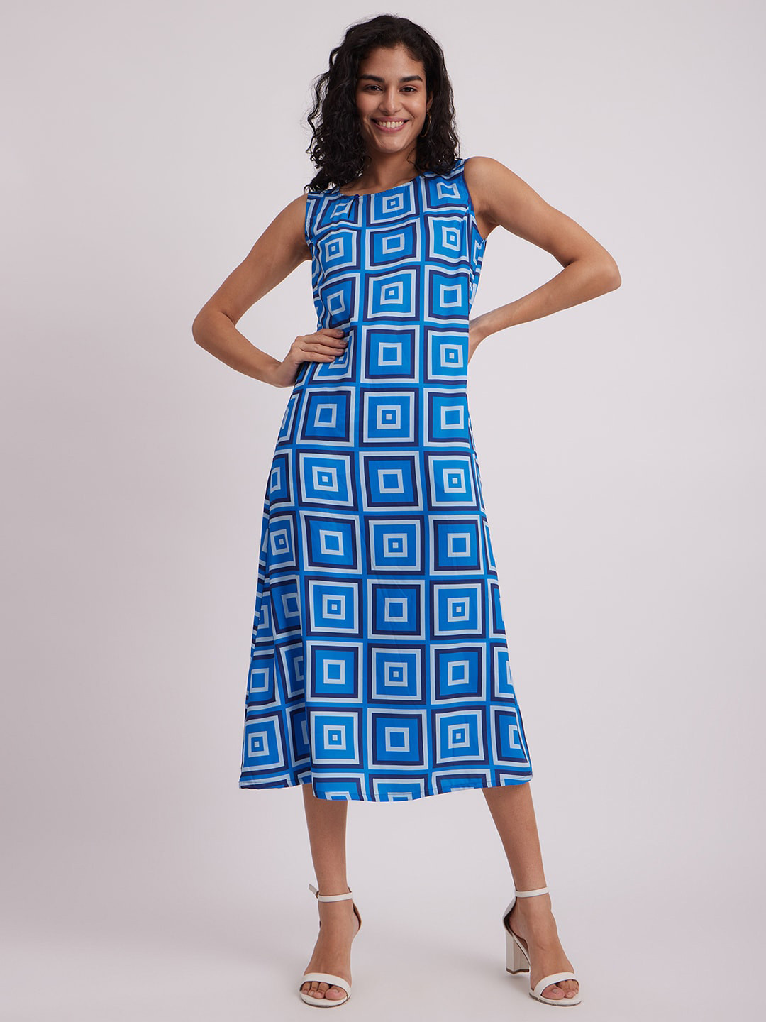 FableStreet Blue Print Formal A-Line Midi Women Dress