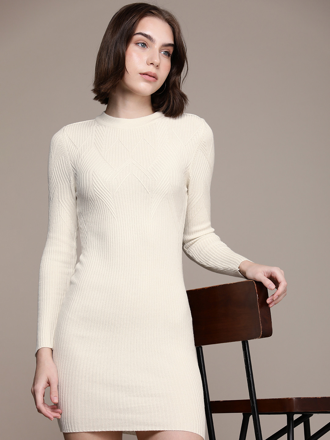 French Connection Self Design Long Sleeves Mini Jumper Dress