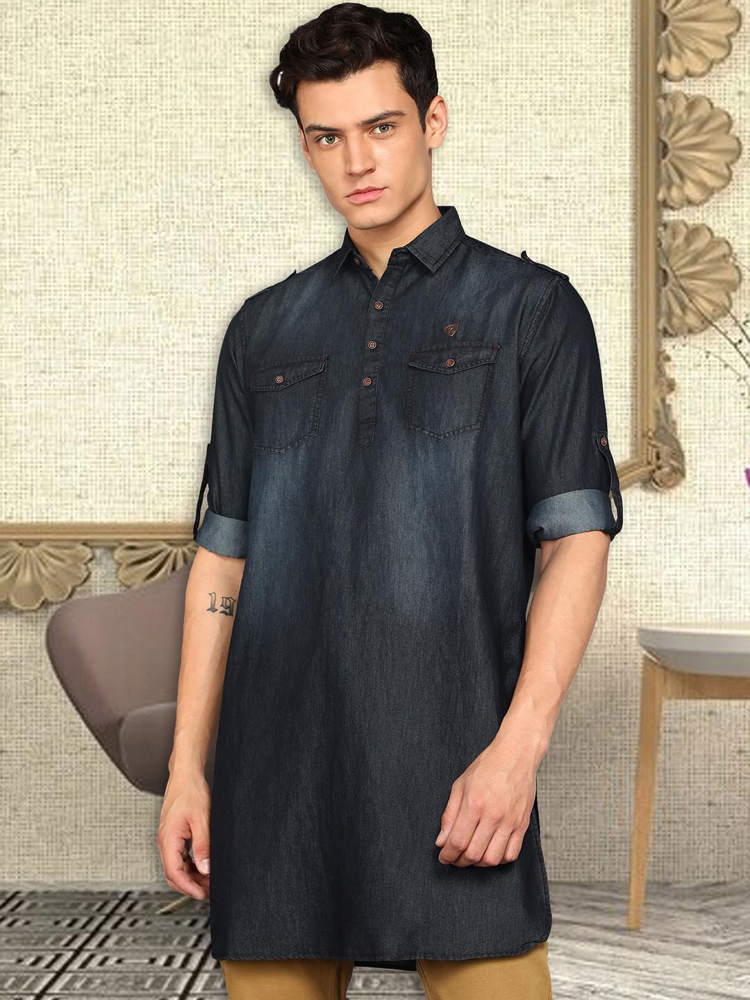 Kuons Avenue Shirt Collar Denim Pathani Short Kurta