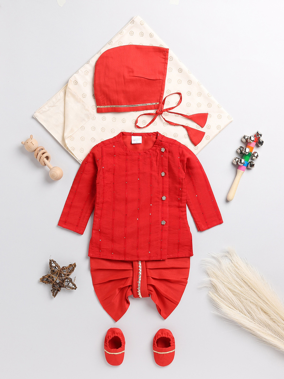 VASTRAMAY Infant Boys Angrakha Sequinned Chanderi Cotton Kurta with Dhoti Pants