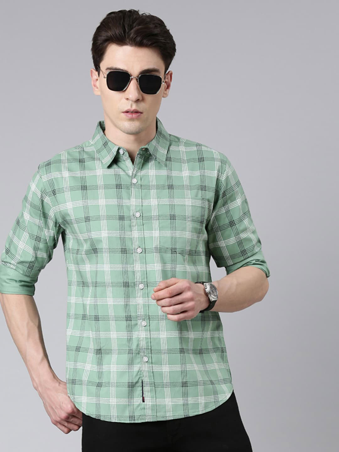 Metronaut Men Green Slim Fit Tartan Checks Opaque Checked Casual Shirt