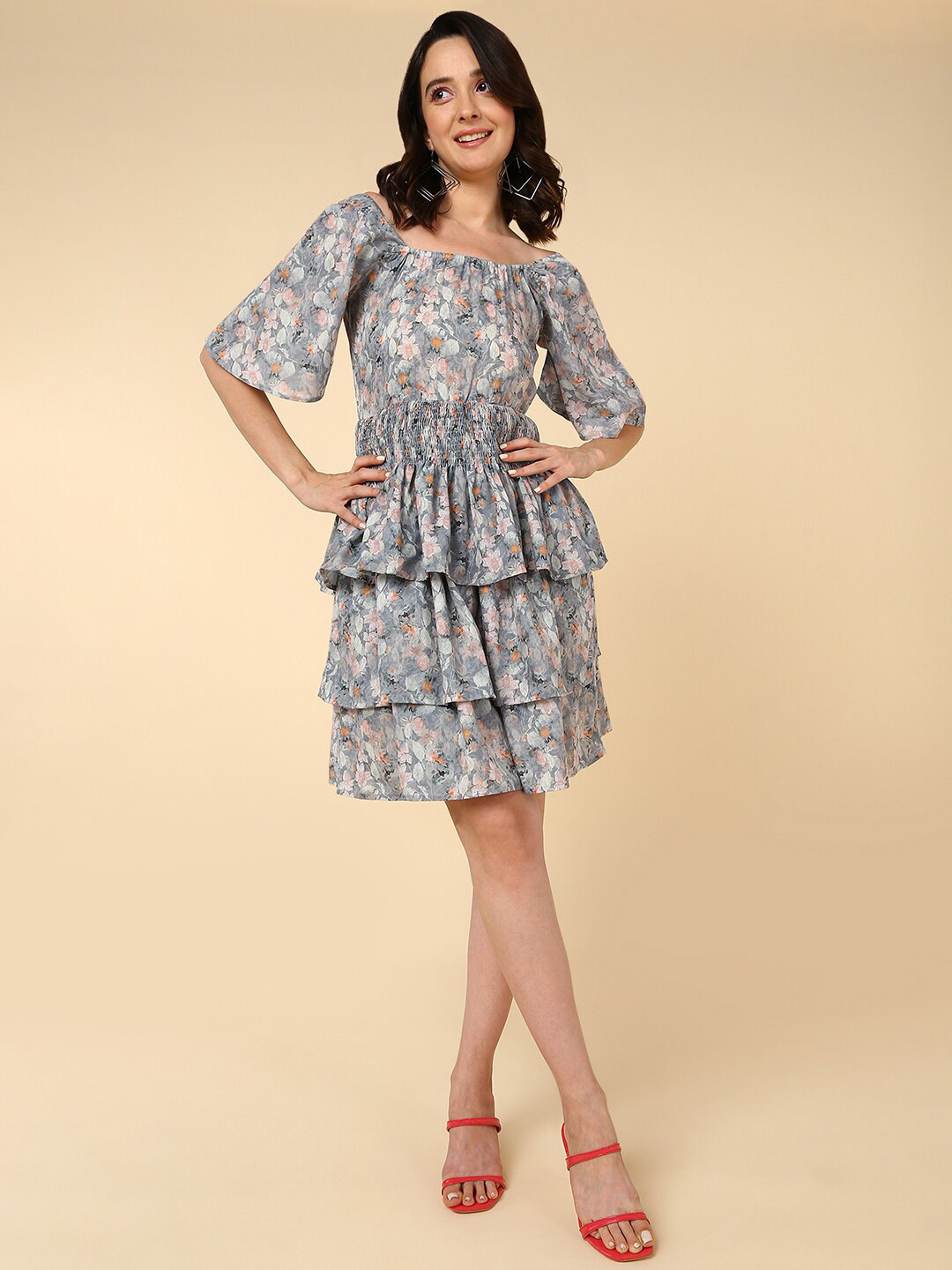 Mast & Harbour Grey Ethnic Motifs Print Bell Sleeve Fit & Flare Dress