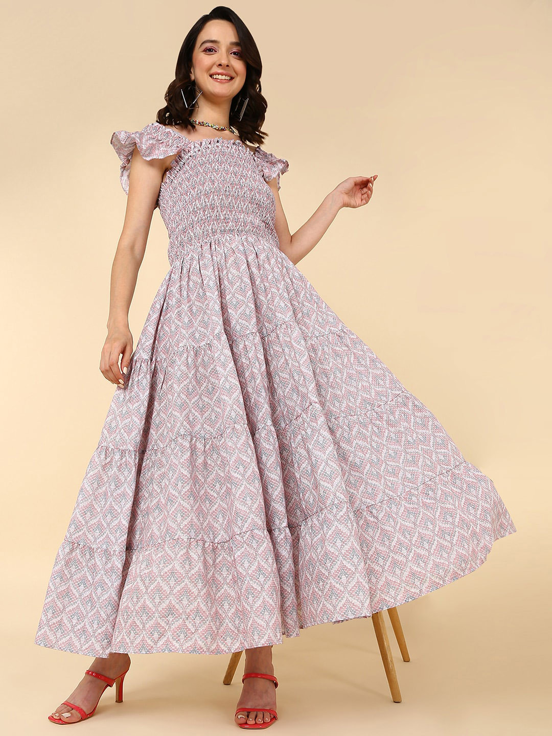 Mast & Harbour Purple Geometric Printed Smocked Flutter Sleeve Maxi Dress