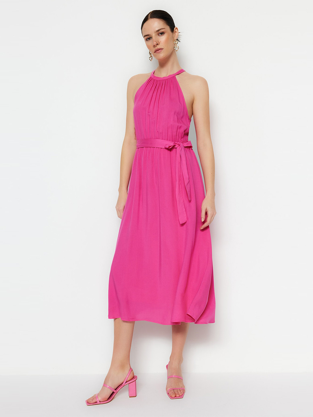 Trendyol Gathered A-Line Midi Dress With Belt