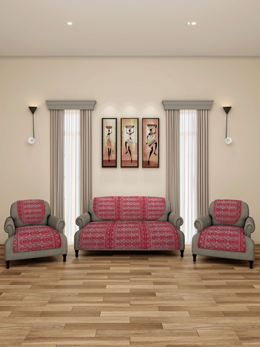 ROMEE Maroon Floral Printed 5-Seater Net Sofa Cover