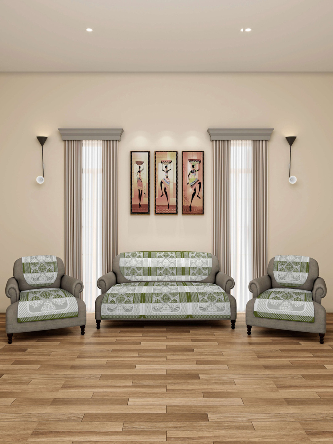 ROMEE Green & Cream Damask Printed 5-Seater Net Sofa Cover