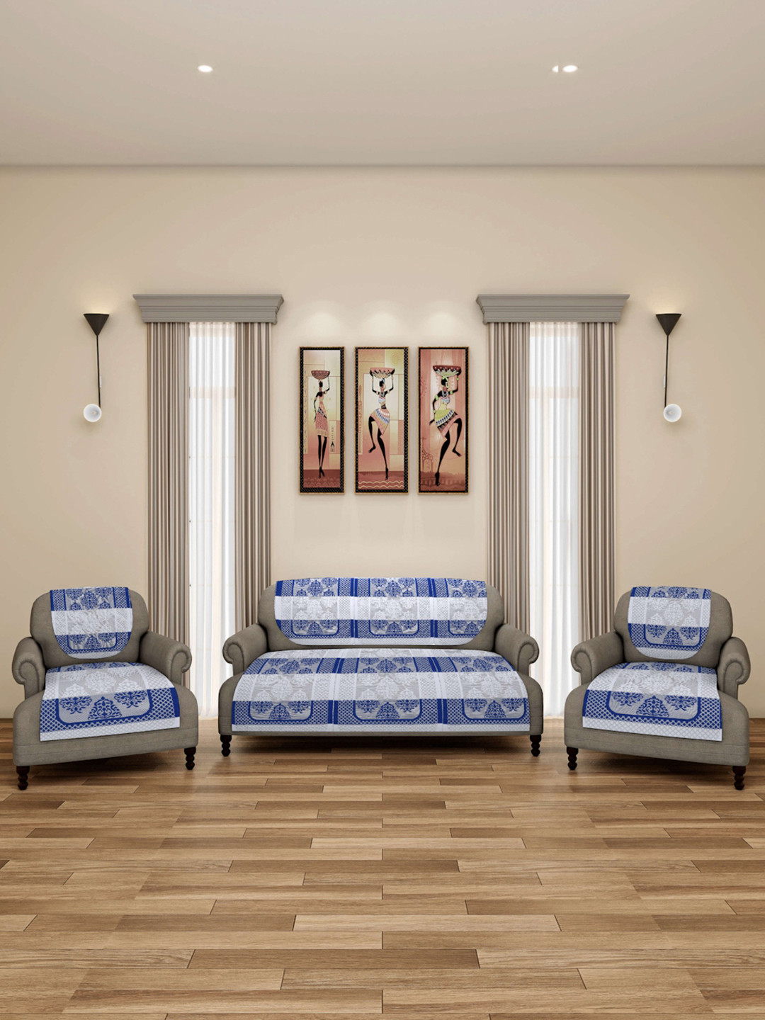 ROMEE Blue & White Printed 5-Seater Net Sofa Cover