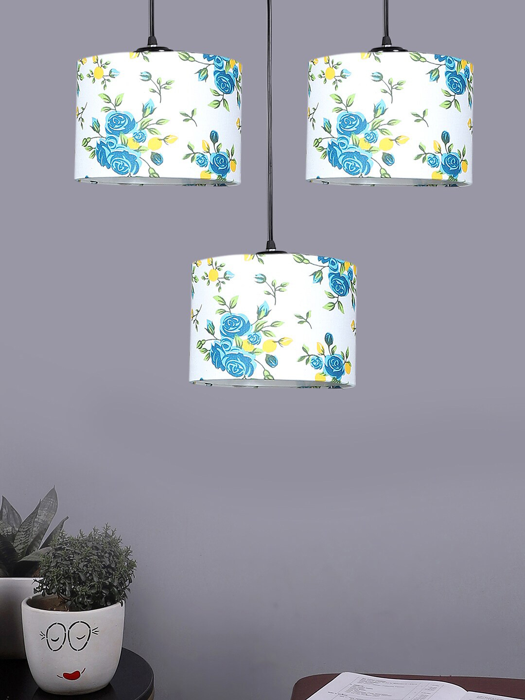 Devansh White & Blue Floral  Design Cotton Shade Round Drum Cluster Hanging Lamp