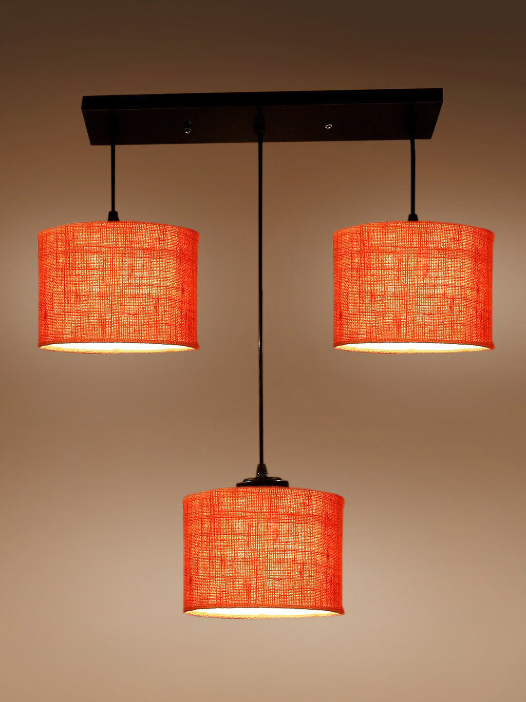 Devansh Orange-Colored & Black Jute Shade Round Drum Cluster Hanging Lamp
