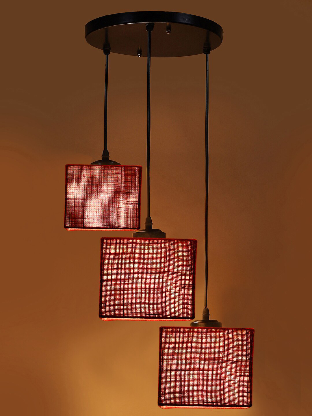 Devansh Maroon & Black Jute Shade Square Cluster Hanging Ceiling Lamp