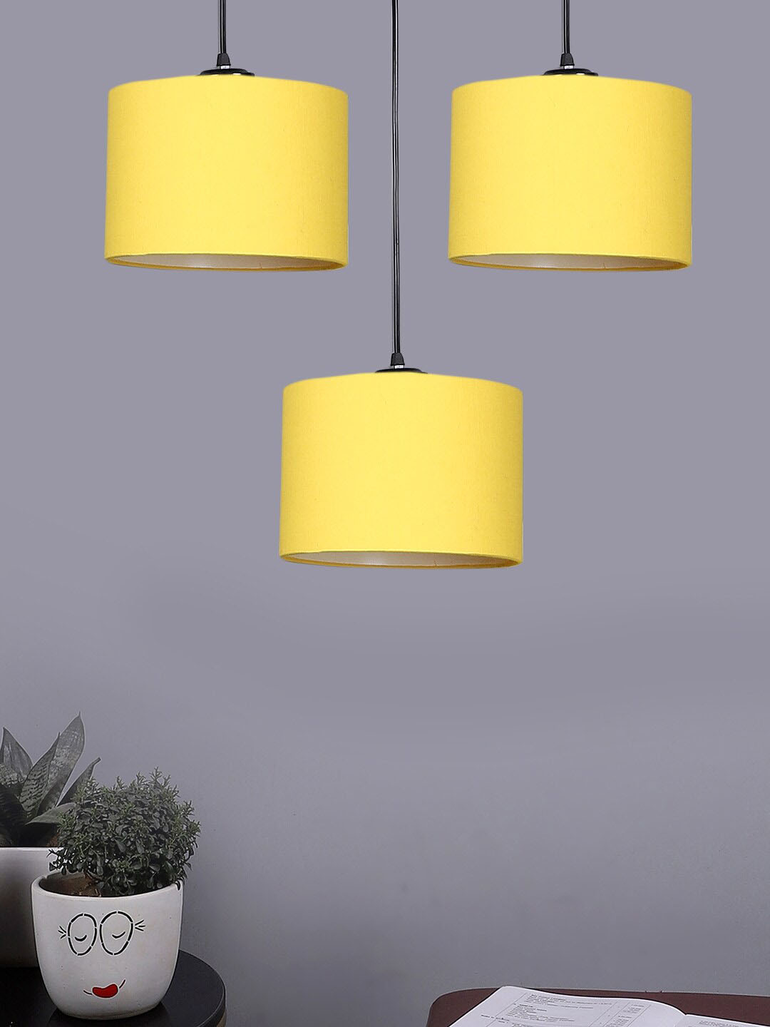 Devansh Yellow & Black Cotton Shade Drum Cluster Ceiling Lamp