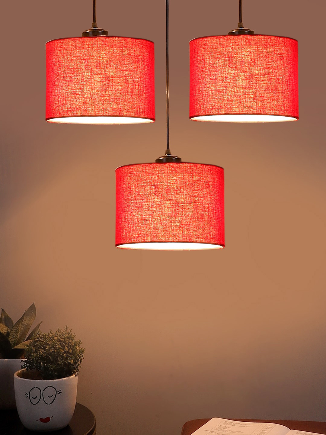 Devansh Red & Black Cotton Shade Round Drum Cluster Ceiling Lamp