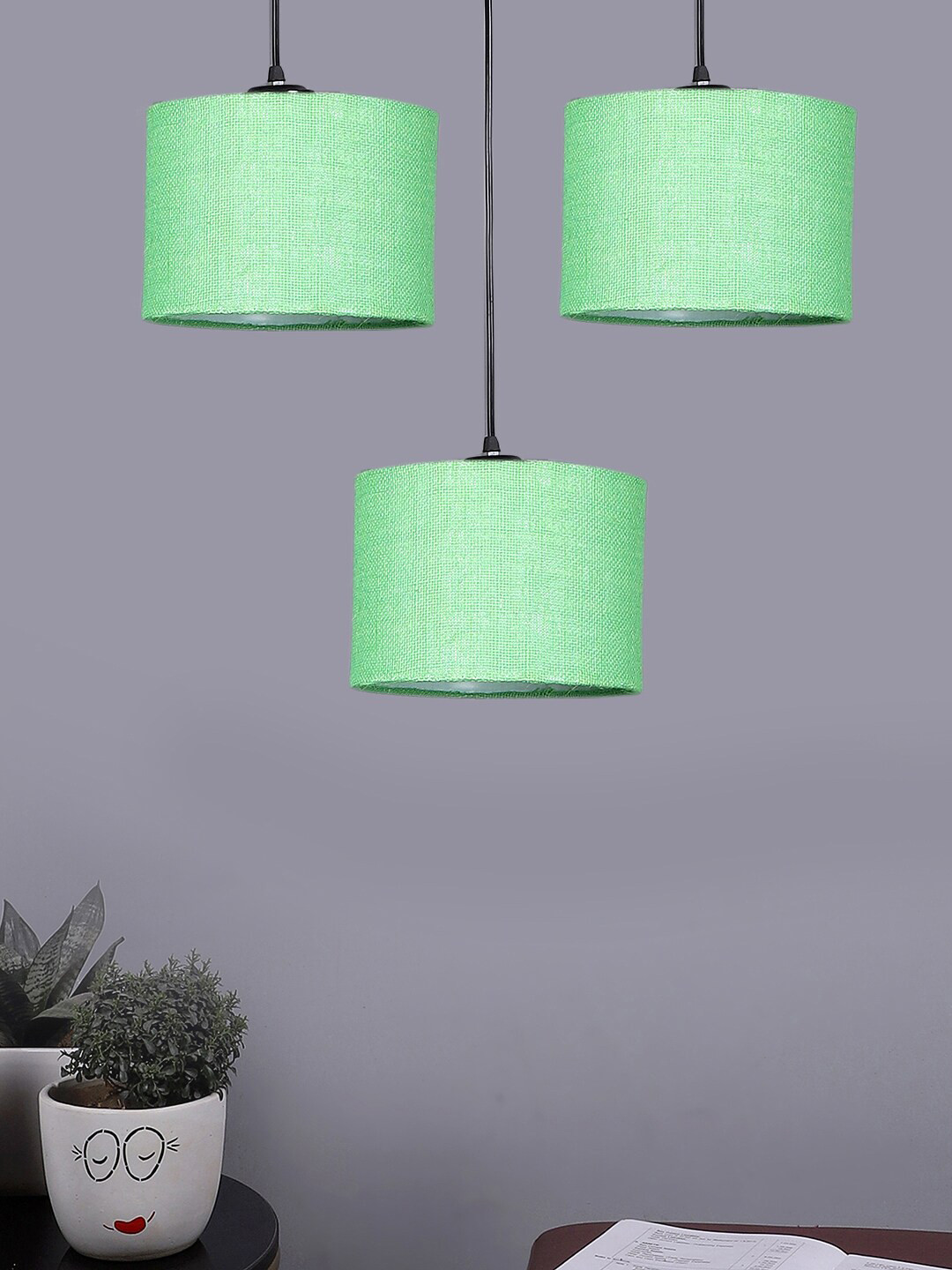 Devansh Green & Black Jute Shade Round Drum Cluster Ceiling Lamp