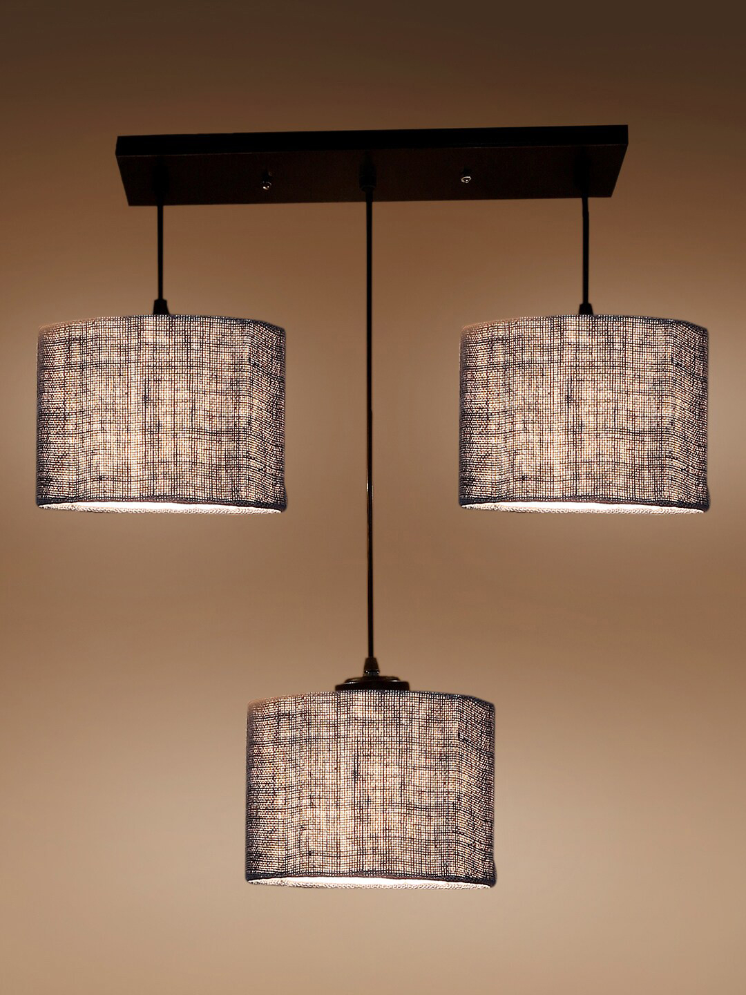 Devansh Blue & Black Jute Shade Round Drum Cluster Hanging Lamp