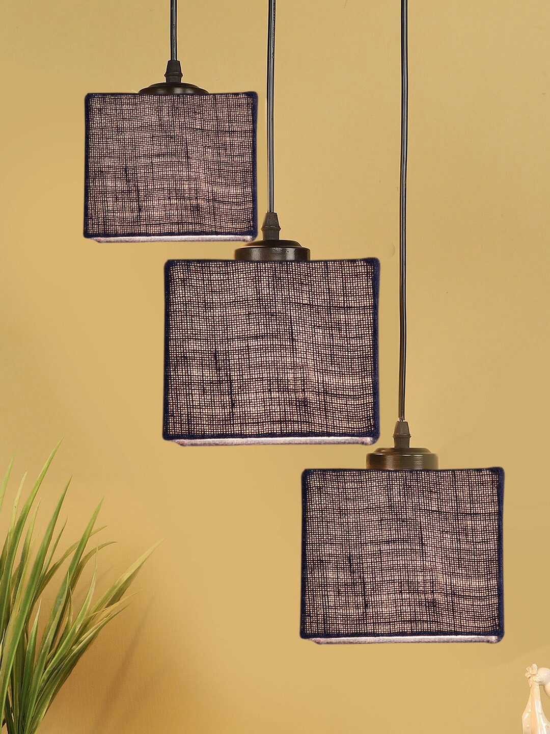 Devansh Blue & Black Jute Shade Square Cluster Hanging Lamp