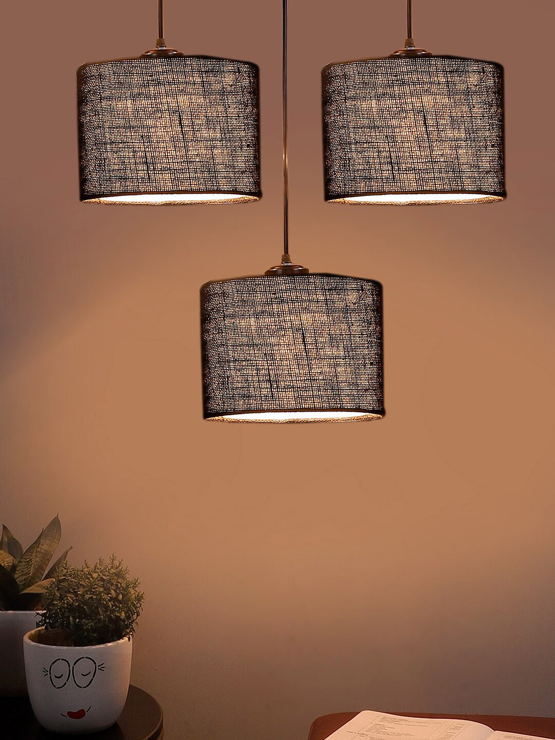 Devansh Brown & Black Jute Shade Round Drum Cluster Hanging Lamp