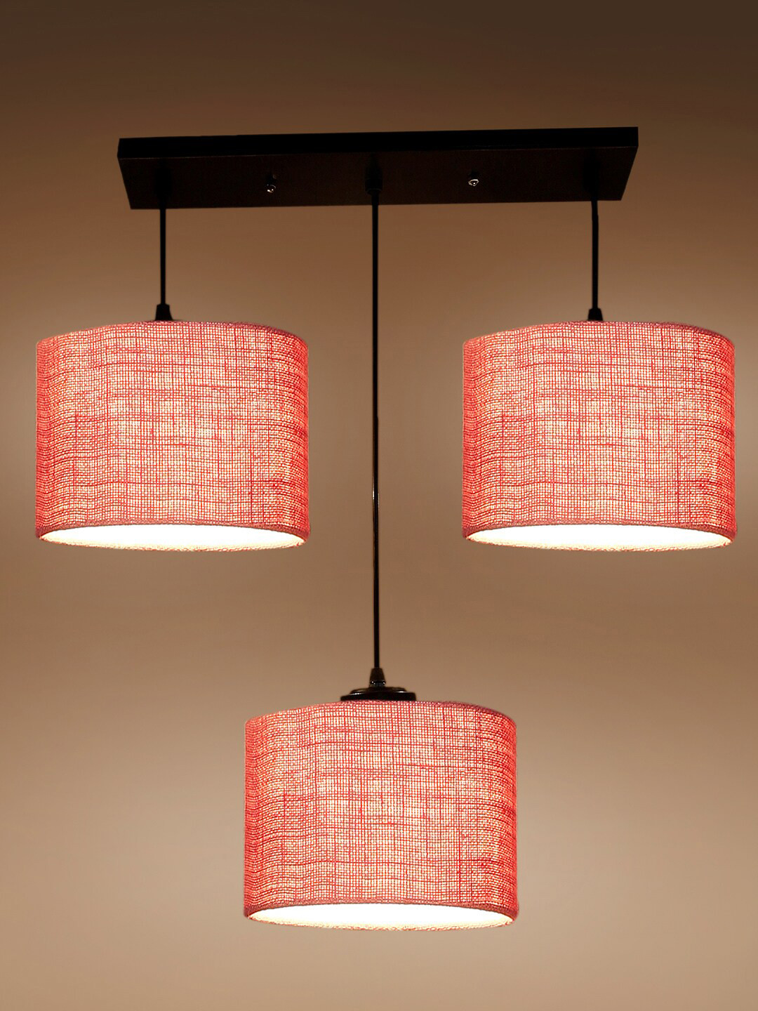 Devansh Pink & Black Jute Shade Round Drum Cluster Hanging Lamp