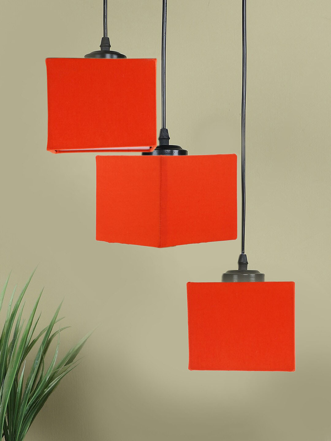 Devansh Orange-Colored & Black Cotton Shade Square Cluster Hanging Lamp