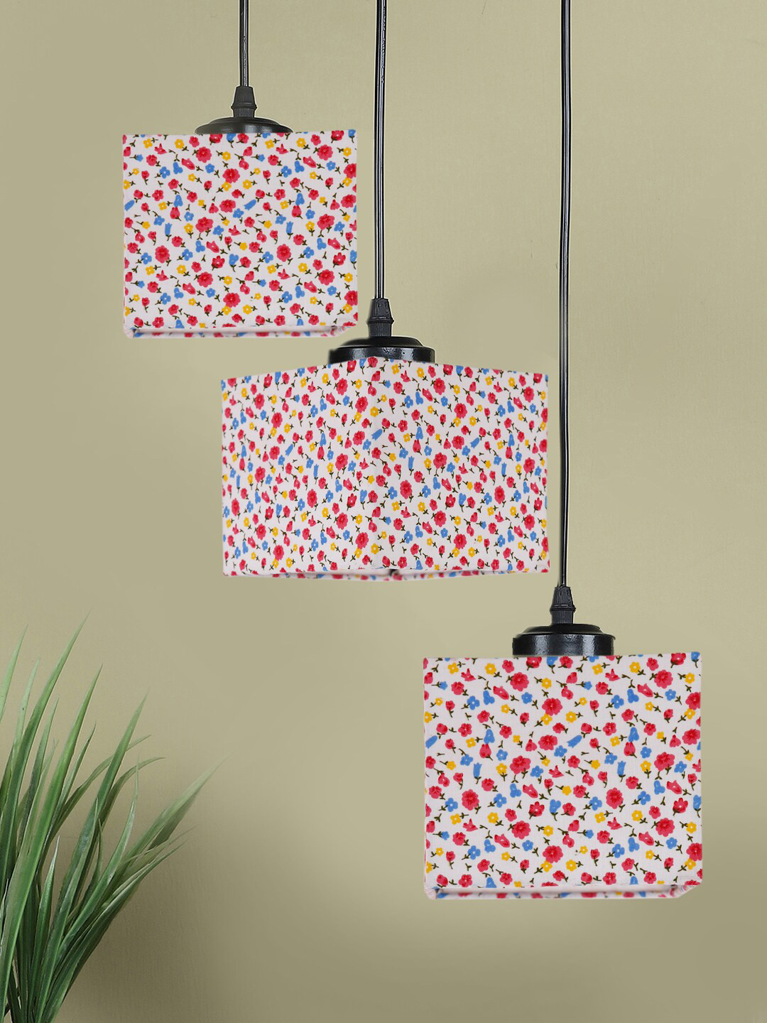 Devansh White & Pink Floral Printed Cotton Shade Square Cluster Hanging Lamp