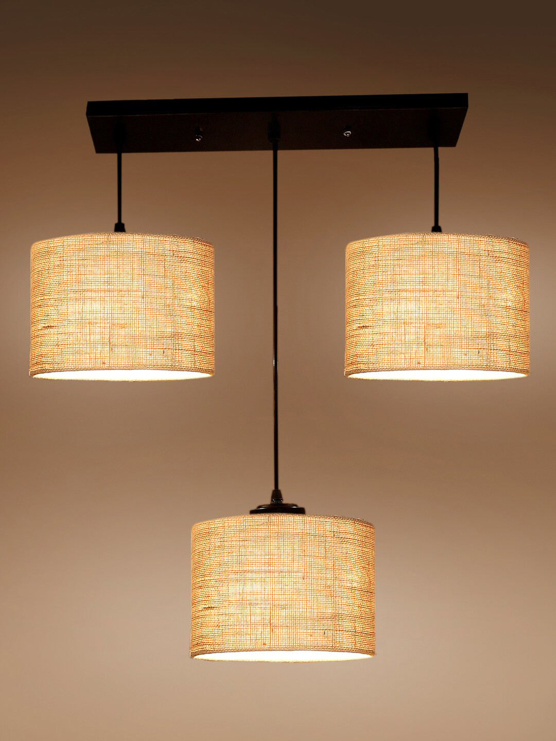 Devansh Beige & Black Jute Shade Round Drum Cluster Hanging Lamp