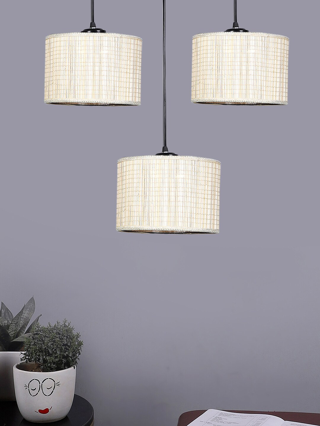 Devansh Beige & Black Textured Shade Round Drum Cluster Hanging Lamp