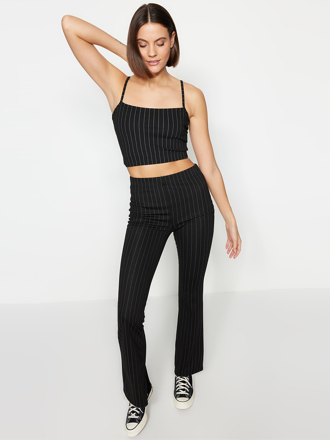 Trendyol Women Striped High-Rise Regular Fit Bootcut Trousers