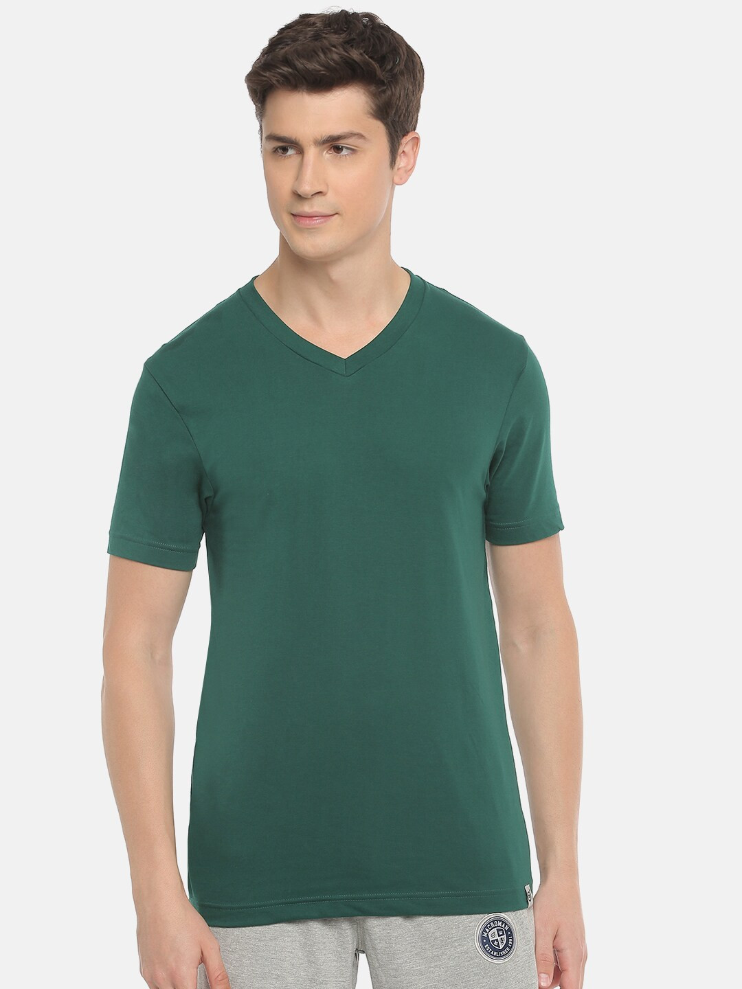Macroman M-Series Men Green V-Neck Raw Edge T-shirt
