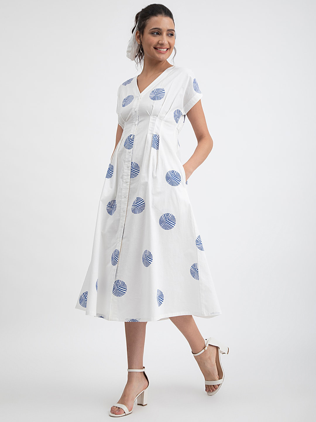 Pink Fort White Polka Dot Print Fit & Flare Midi Dress