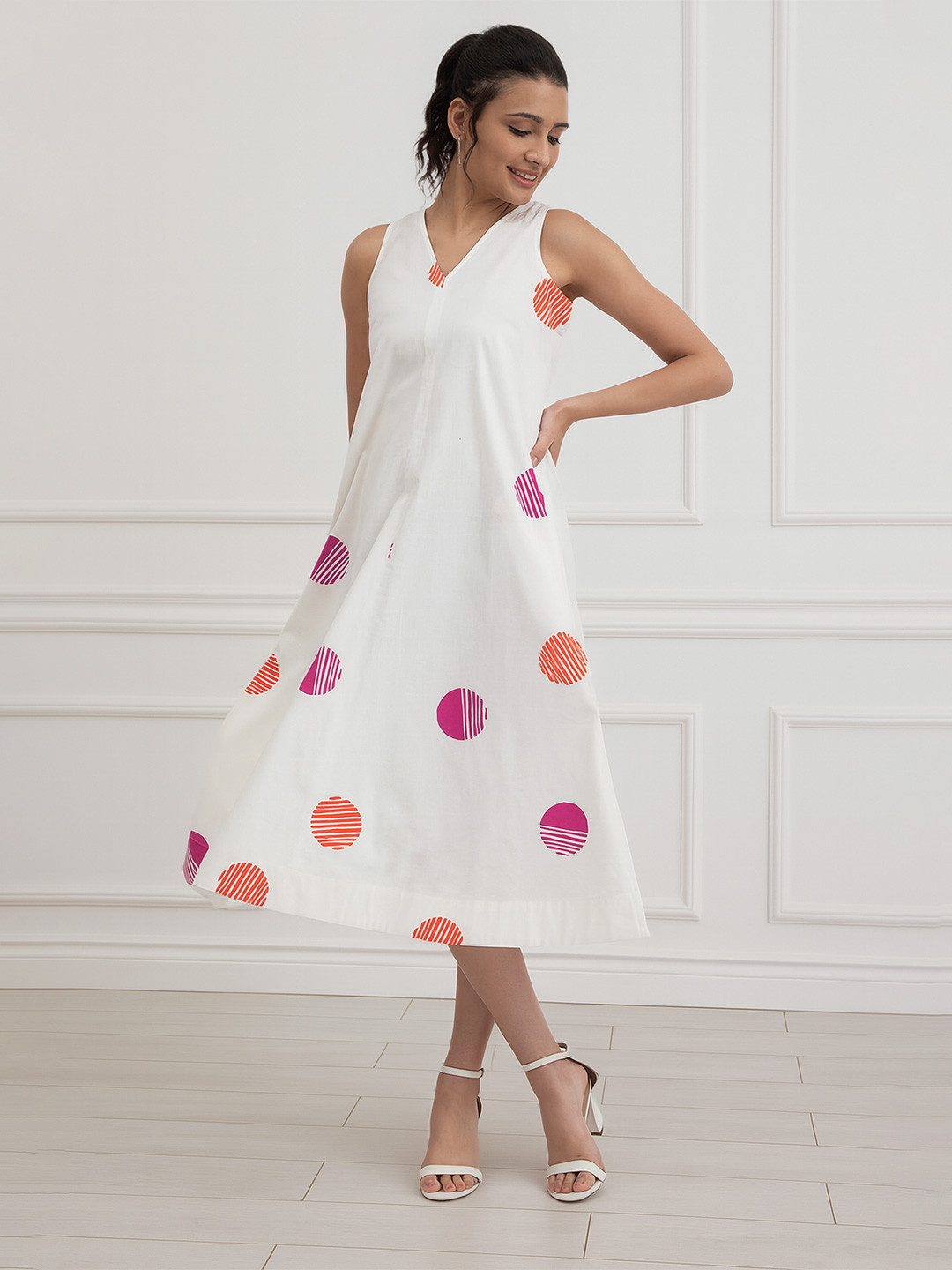 Pink Fort Polka Dot Printed V Neck Cotton Dress