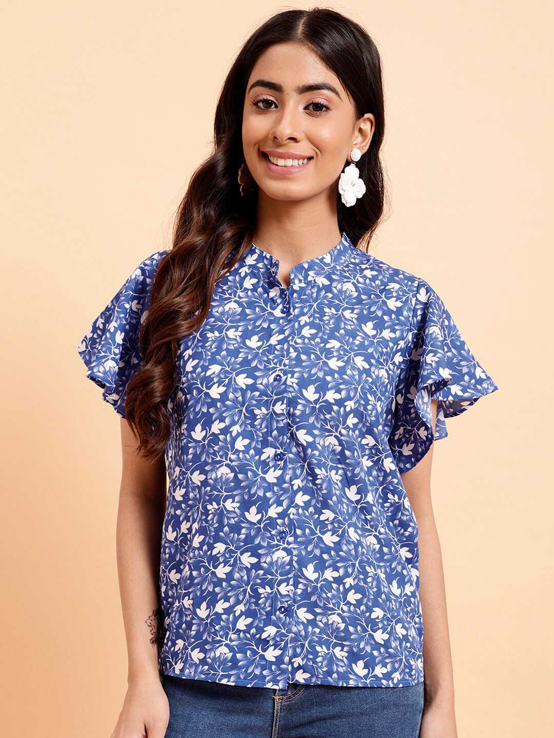 MINT STREET Floral Printed Flutter Sleeve Mandarin Collar Crepe Top