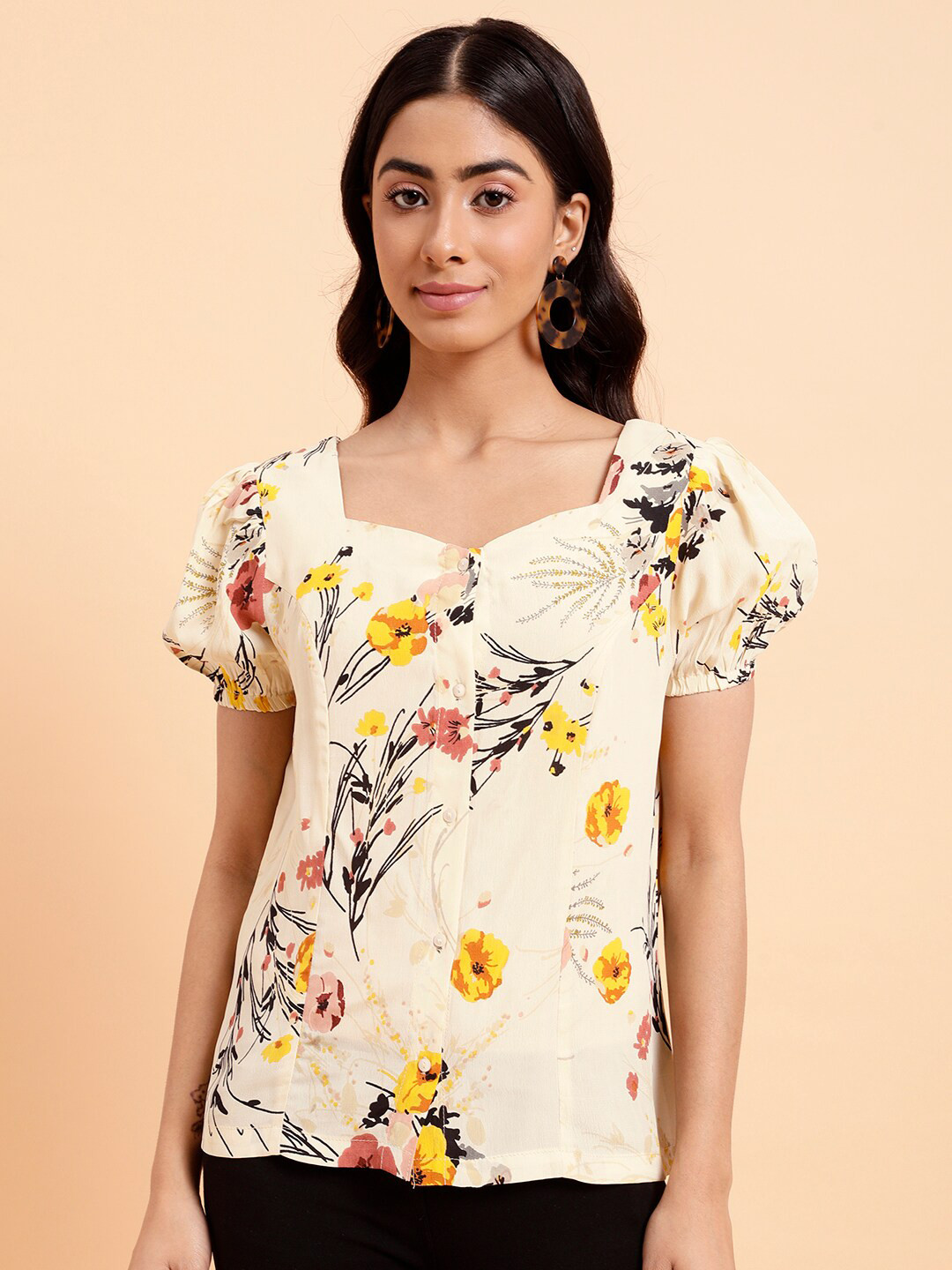 MINT STREET Floral Printed Sweetheart Neck Puff Sleeve Crepe Shirt Style Top