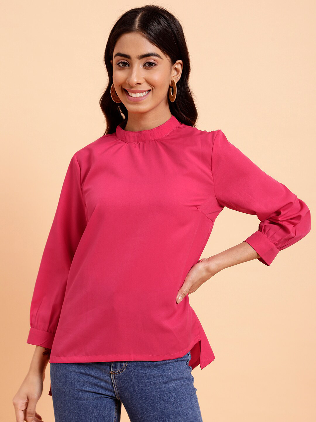 MINT STREET High Neck Cuffed Sleeves Casual Crepe Top