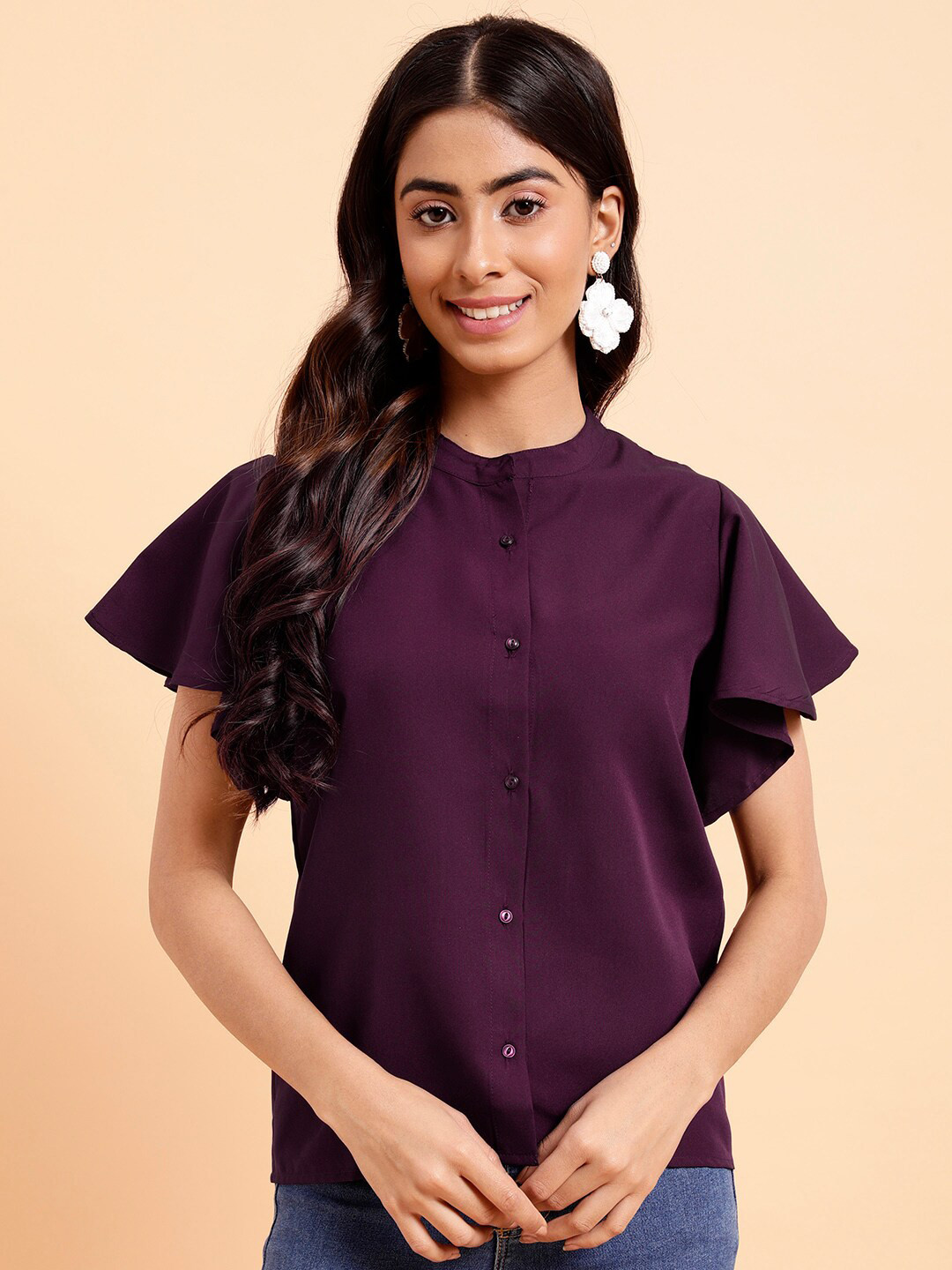 MINT STREET Mandarin Collar Flutter Sleeve Crepe Shirt Style Top