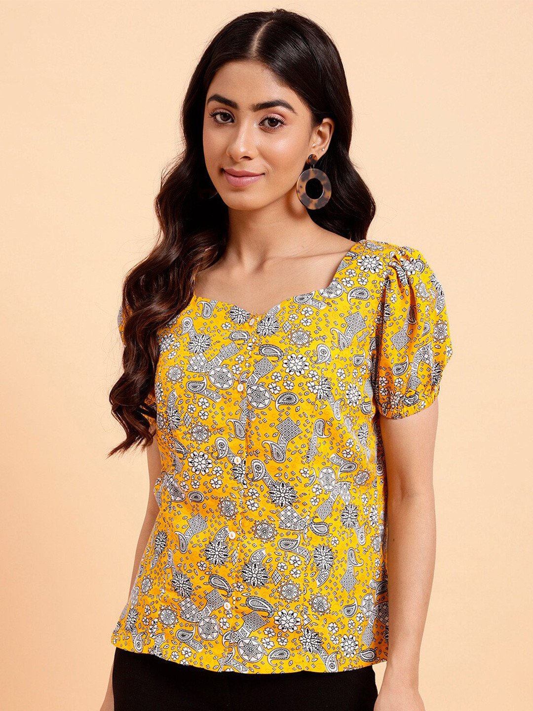 MINT STREET Yellow Floral Print Puff Sleeve Crepe Top