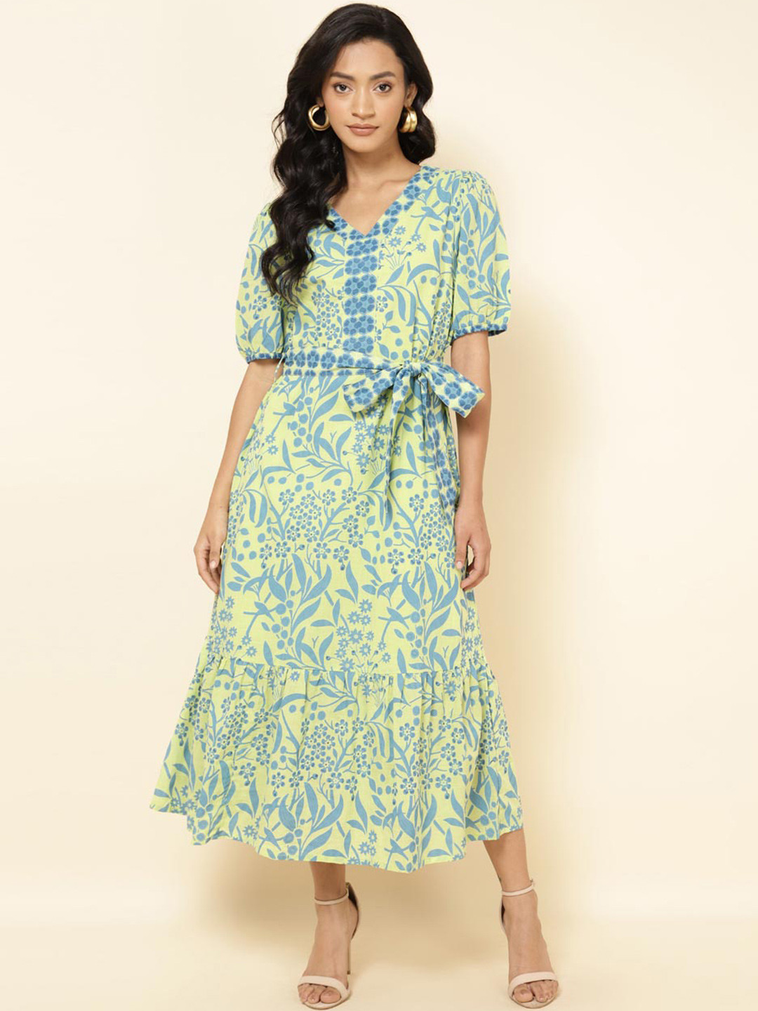 Fabindia Green Floral Print Puff Sleeve A-Line Midi Dress
