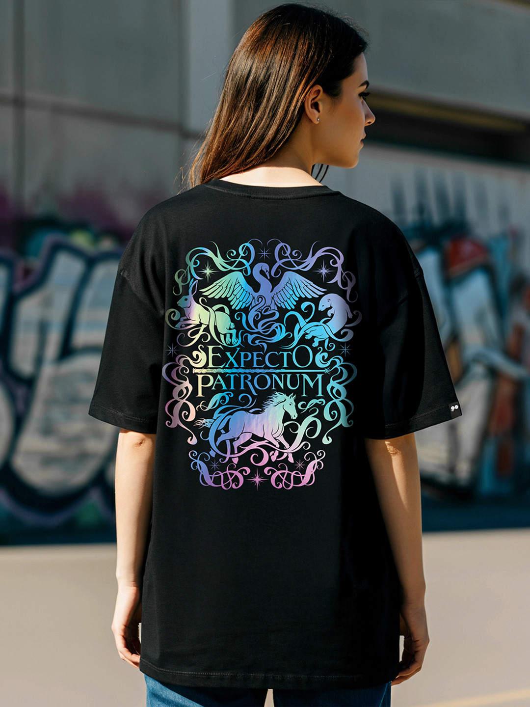 Bewakoof X Official Harry Potter Merchandise Expecto Graphic Printed Oversized T-shirt