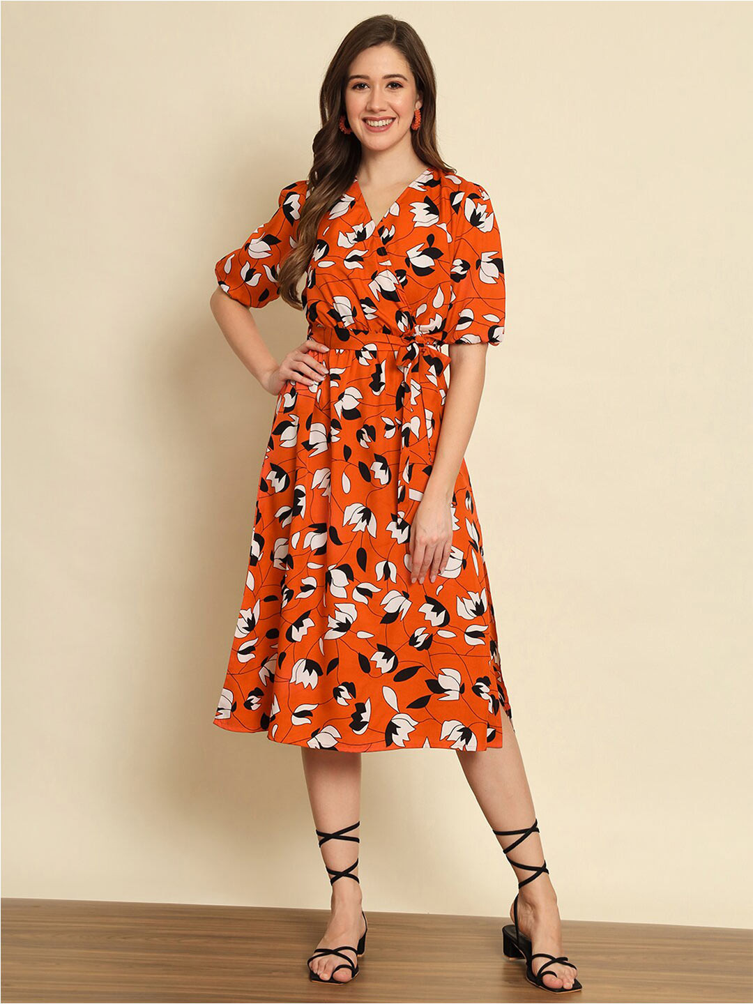 Trend Arrest Floral Printed Puff Sleeve Crepe Wrap Midi Dress With Belt