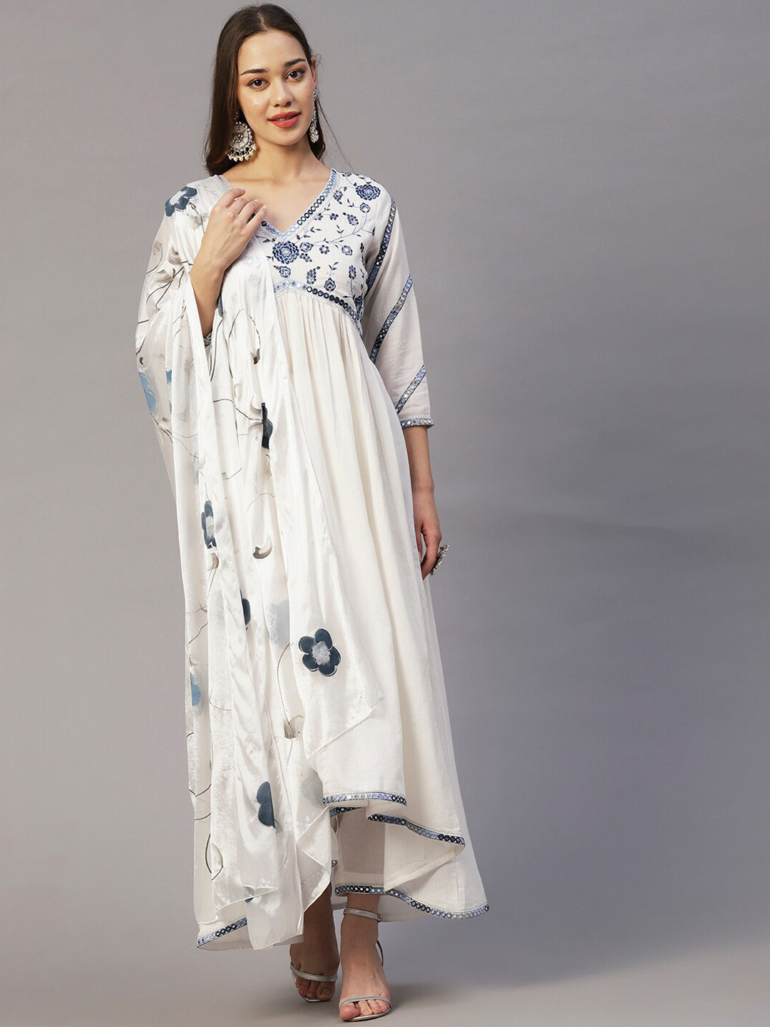 FASHOR White & Navy Blue Floral Embroidered Mirror Work Kurta with Trousers & Dupatta
