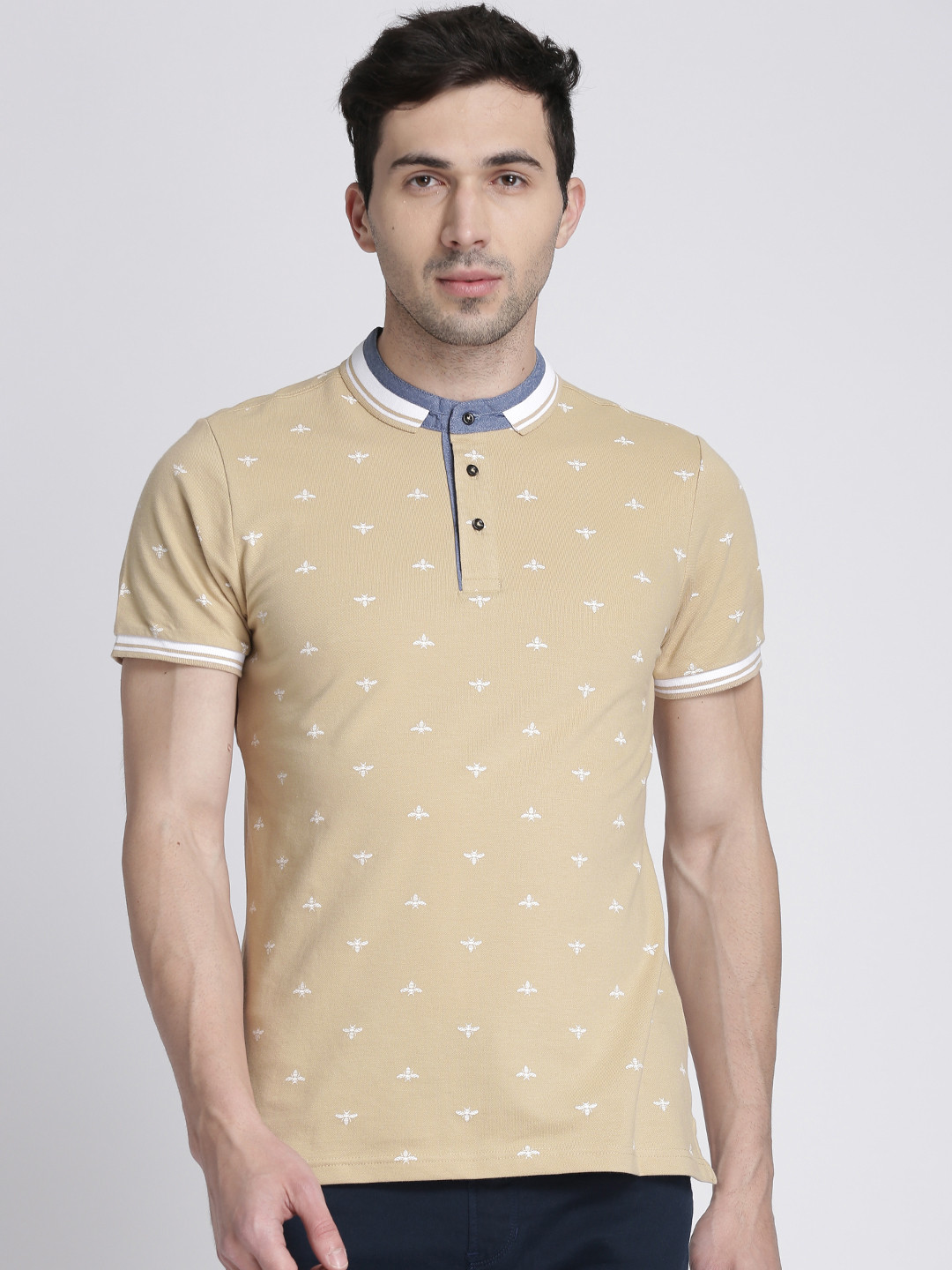 Splash Men Beige Printed Slim Fit Polo Collar T-shirt