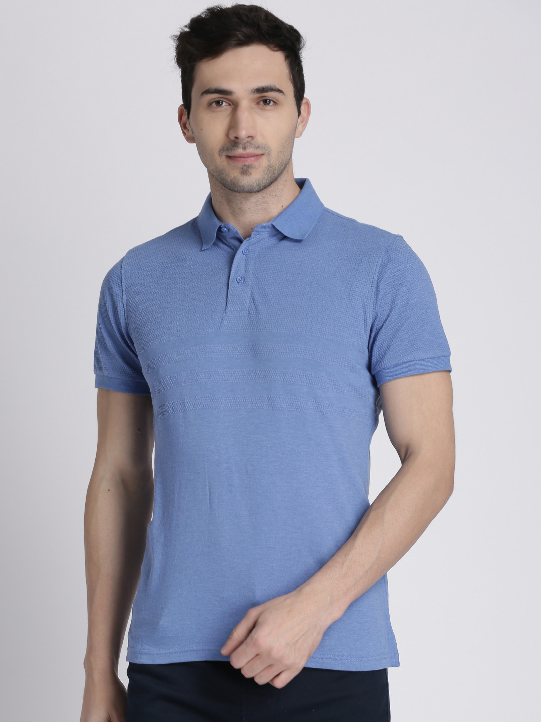 Splash Men Blue Solid Slim Fit Polo Collar T-shirt