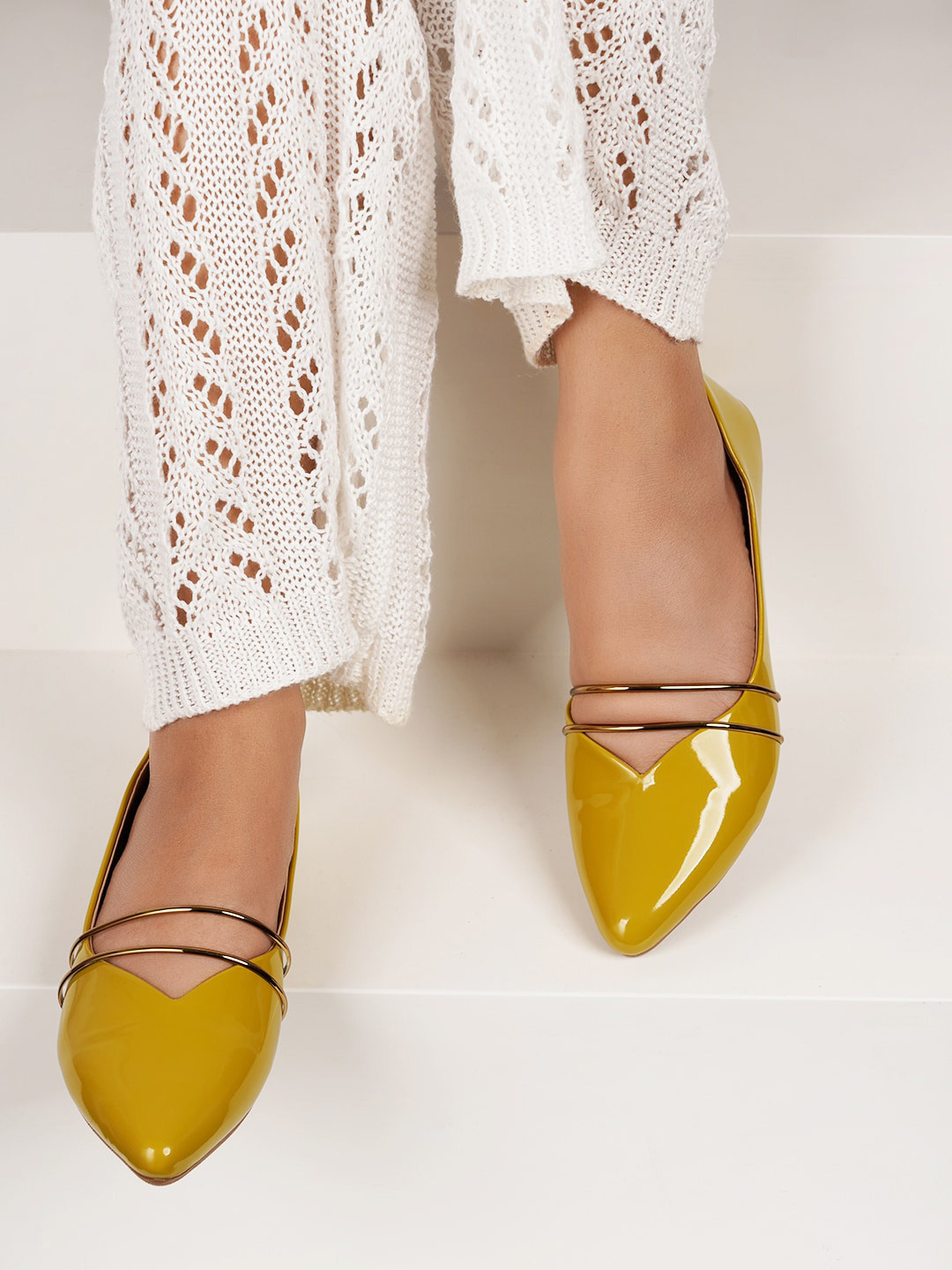 DressBerry Yellow Embellished Pointed Toe Ballerinas